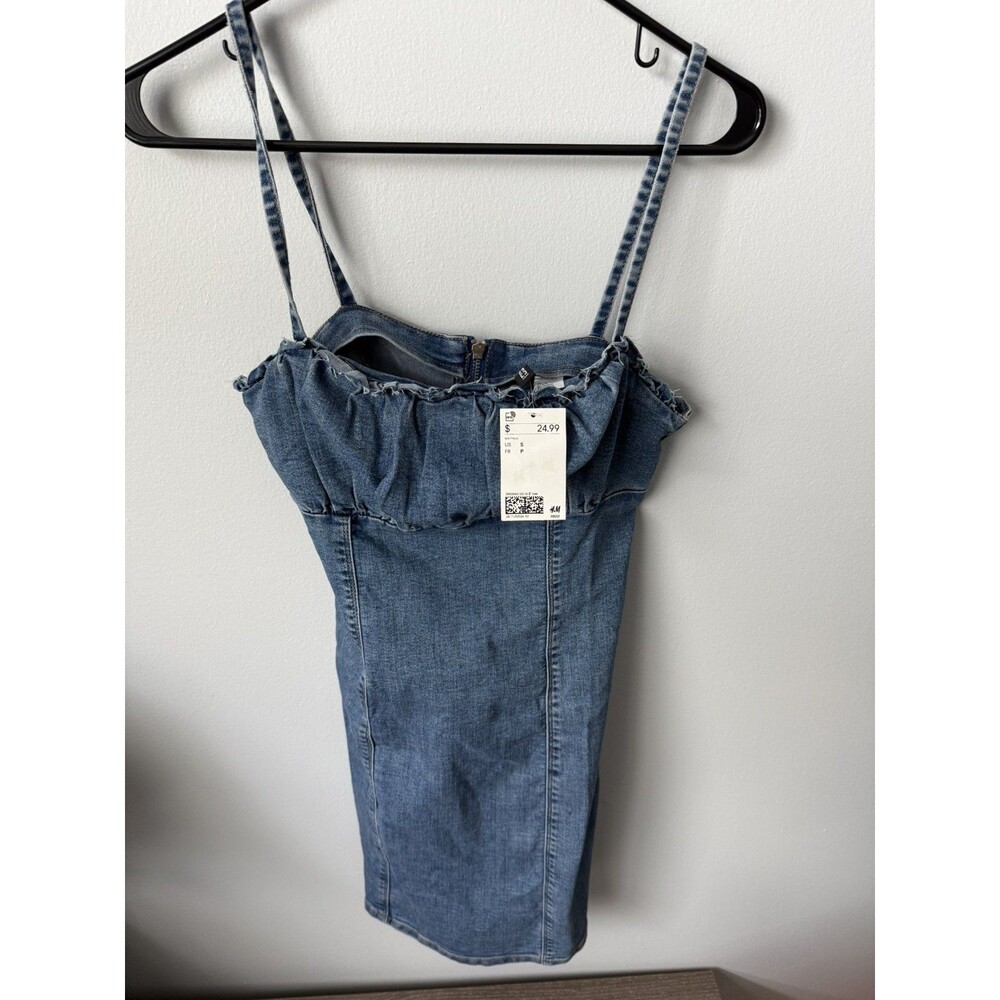 H&M Women Small Blue Denim Mini Dress Medium Wash Bodycon Spaghetti Strap NWT